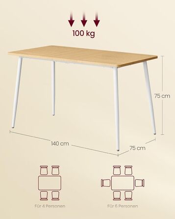 Стол обідній VASAGLE для 4-6 осіб, кухонний стіл у стилі кантрі, 140x75 см, колір: горіх + чорний, KDT100KE02