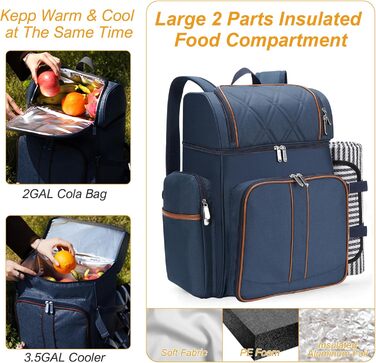 Набір для пікніка на 4 особи: рюкзак, корзина, ізотермосумка, ковдра, для кемпінгу та парку (темно-синій)