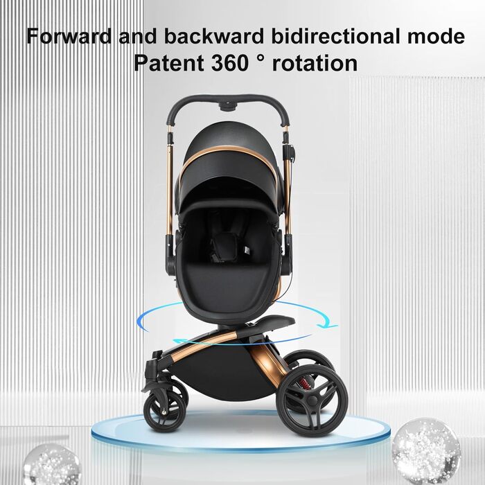 Дитяча коляска NADDLILY 3 в 1 з PU-шкіри, поворотне сидіння 360°, компактна, легка, коричневий (906)