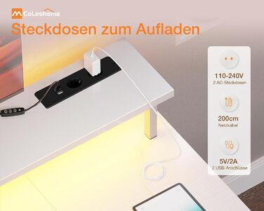 Ігровий стіл Coleshome з LED-підсвічуванням, комп'ютерний стіл з 2 розетками та 2 USB-портами, стіл для геймінгу з підставкою для монітора та місцем для зберігання, для дому та офісу (білий, 120x50 см)