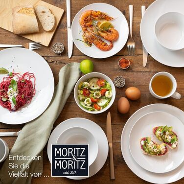 Набір посуду Moritz & Moritz BASIC 18 предметів на 6 осіб - сучасний дизайн, якісне порцелянове покриття, класичний білий колір. В комплекті: 6 великих тарілок, 6 десертних тарілок, 6 салатників.