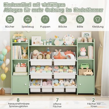 FOREHILL Регульована полиця для іграшок з 8 ящиками, дитячий шафка, книжкова полиця для дітей, меблі для дитячої кімнати з ящиком для іграшок, 138,8 x 94,3 x 29,6 см, білий (зелений)