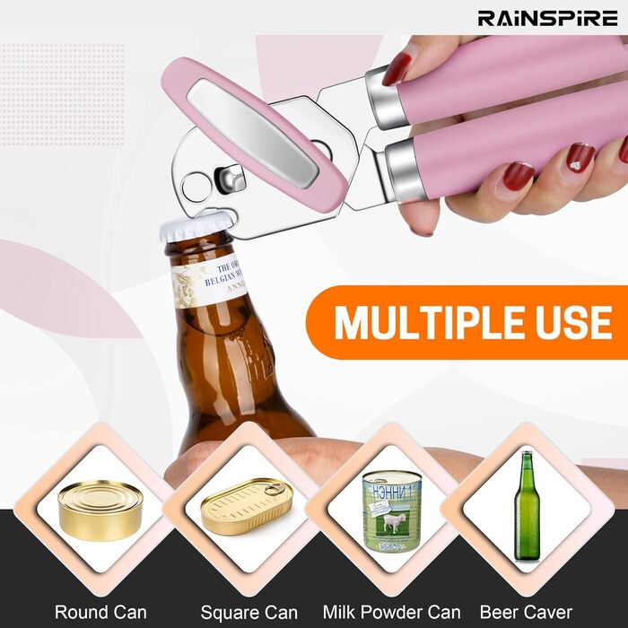 Відкривач консерв Rainspire: ручний, міцний, з плавним зрізом, з відкривачем пляшок, рожевий
