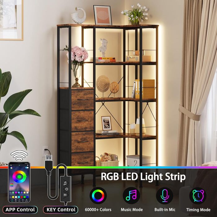 Кутовий стелаж OYRREU з 5 ярусами, LED-підсвічуванням та 4 висувними ящиками. Підходить для вітальні, спальні, офісу, кухні. Вінтажний коричневий колір.