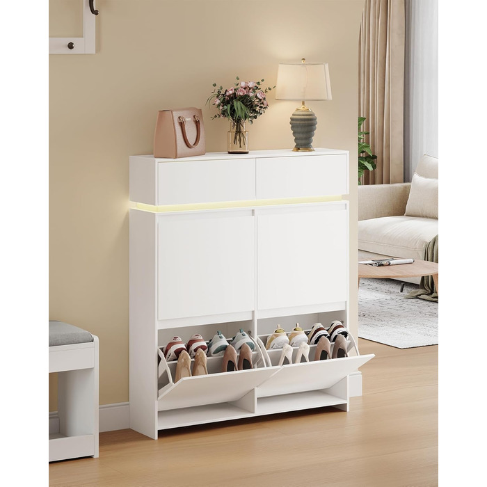 Взуттєва шафа Hzuaneri з 4 стулками, вузька, з LED-підсвічуванням, регульована перегородка, на 20 пар, 100 x 119 x 24 см, для передпокою, біла SR53603XEU