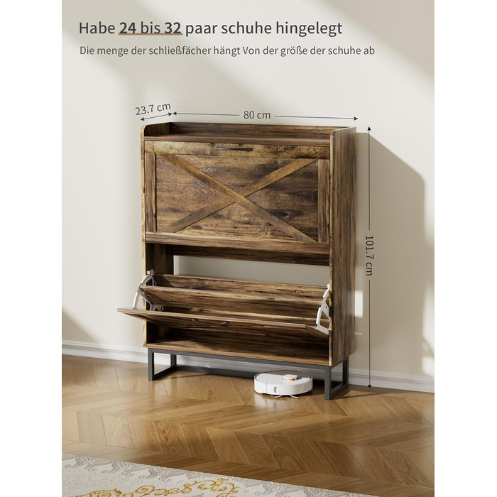 Шафа для взуття з 2 відкидними дверцятами, полиця для взуття в передпокій, вузька шафа-кіпер для взуття з 4 полицями, тумба для взуття з металевими ніжками, органайзер для взуття з дерева для стіни, 80x23,8x101,7 см, Білий (Коричневий)