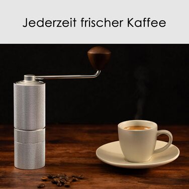 Ручна кавомолка з прецизійним жорновим механізмом з нержавіючої сталі та дерев'яним ручним грифом - для еспресо, з нержавіючої сталі (срібляста матова)