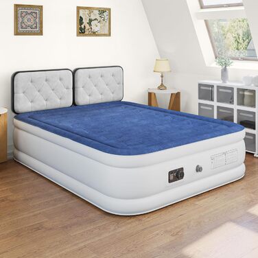 Надувний матрац YITAHOME самонадувний 2 особи, надувне ліжко з вбудованим електричним повітряним насосом, надувне ліжко з матрацом із сумкою для зберігання для кемпінгового гостьового ліжка, 300 кг МАКС., 203 x 152 x 46 см Стиль B Синій білий