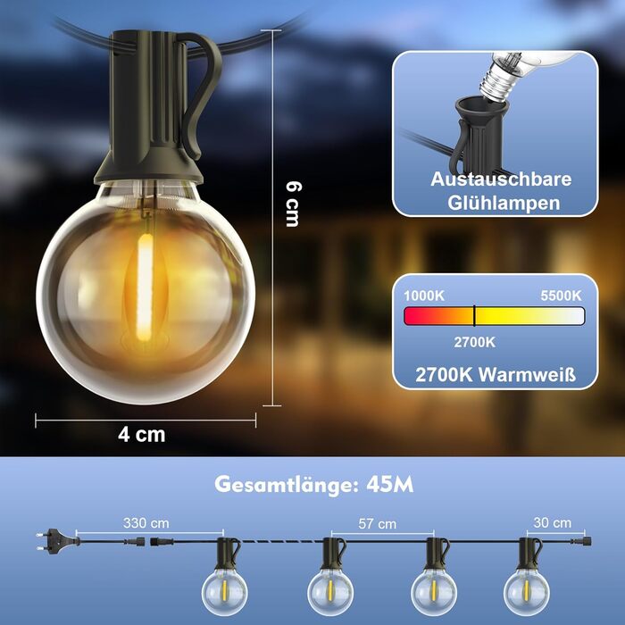 Зовнішні світлодіодні ліхтарі Yuusei, 104 теплі білі лампи G40, IP45, 45,7 м для саду, балкона, весілля