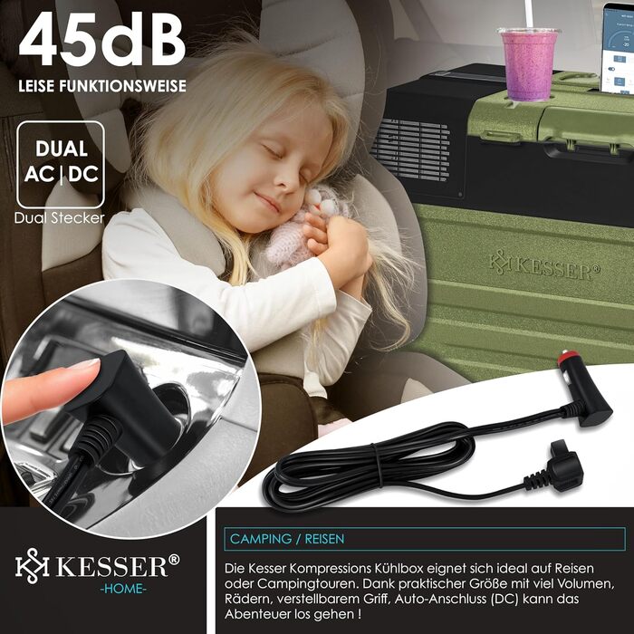 Автомобільний компресорний холодильник KESSER 42L з Wi-Fi, 12/24/230V, до -20°C, колеса, телескопічна ручка, хакі + 2 акумулятори холоду