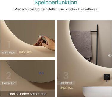 Дзеркало для ванної кімнати EMKE круглої форми з підсвічуванням 80 см – кругле дзеркало з 3 кольорами світла, регулюванням яскравості, сенсорним керуванням, функцією пам'яті та енергозбереженням. Розміри: 80 см x 80 см