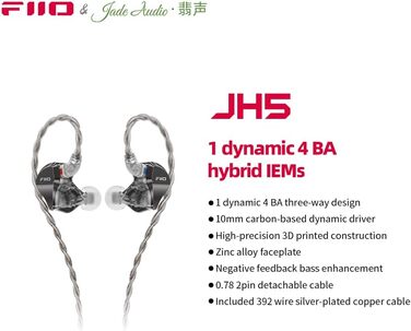 Гібридні навушники-вкладиші FiiO/JadeAudio JH5, знімний кабель, штекер 3,5 мм (чорний)