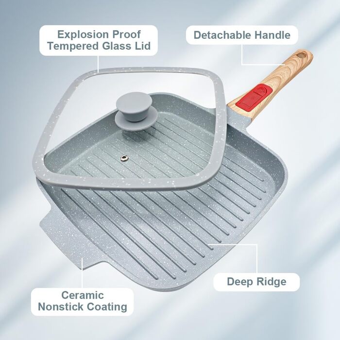 Сковорода-гриль індукційна з кришкою 26 x 24 см, антипригарне покриття кераміка, ручка знімна, для всіх типів плит (Блакитна)