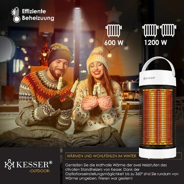 Інфрачервоний обігрівач KESSER Radiant Heater, Енергоефективний обігрівач 700 Вт Інтер'єр з коливанням на 360, Підлоговий блок, Електричний обігрівач IP55, Обігрівач для патіо (1200 Вт, білий)