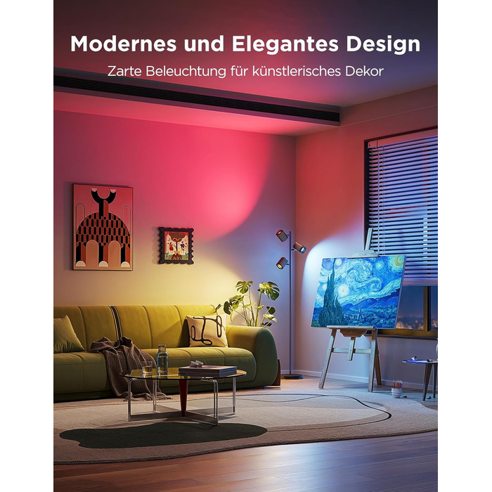Світлодіодна підлогова лампа Govee 3-Flammen RGBWW, Matter, 1500lm, сумісна з Alexa, 64+ сцени, синхронізація з музикою, 157см, чорна для вітальні, спальні, кабінету