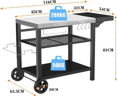 Нержавіюча сталева візок для гриля Denmay з 3 ярусами, піч для піци, робочий стіл для гриля, візок для обслуговування на відкритому повітрі