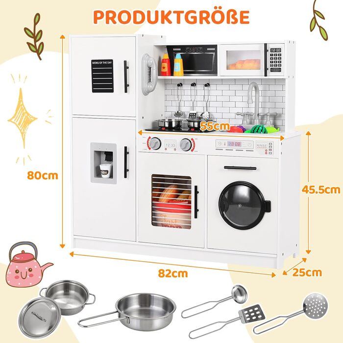 Дерев'яна дитяча кухня MAMIZO з підсвіткою та звуком, 82x80x25 см. Комплект іграшок для дітей від 3 років, біла