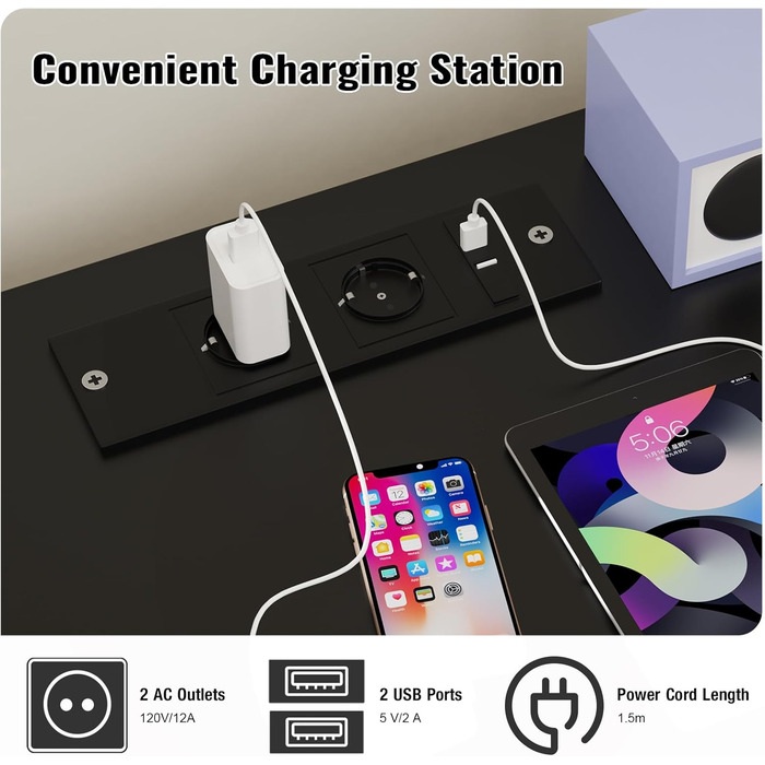 Нічний столик з розеткою та LED-підсвіткою, нічний комод з функцією зарядки та USB, 2 висувні ящики (45x35x46/62 см, Чорний)