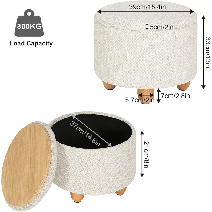 Табурет з місцем для зберігання, кругле сидіння, м'які, ніжки з масиву дерева, льон, Ø39x33 см, кремово-білий
