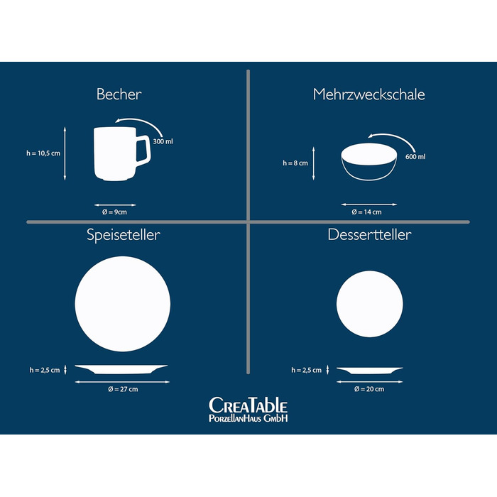 CreaTable Серія Luna: 18-частинний порцеляновий набір посуду для 6 осіб, сніданок, безпечний для миття в посудомийній машині та використання в мікрохвильовці