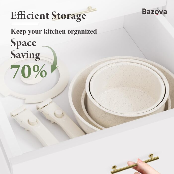 Набір кухонного посуду Bazova Ceramic, 17 предметів: каструлі та сковорідки з антипригарним покриттям, знімні ручки, для індукційних плит, стійкий до подряпин, безпечний для миття в посудомийній машині та випікання в духовці