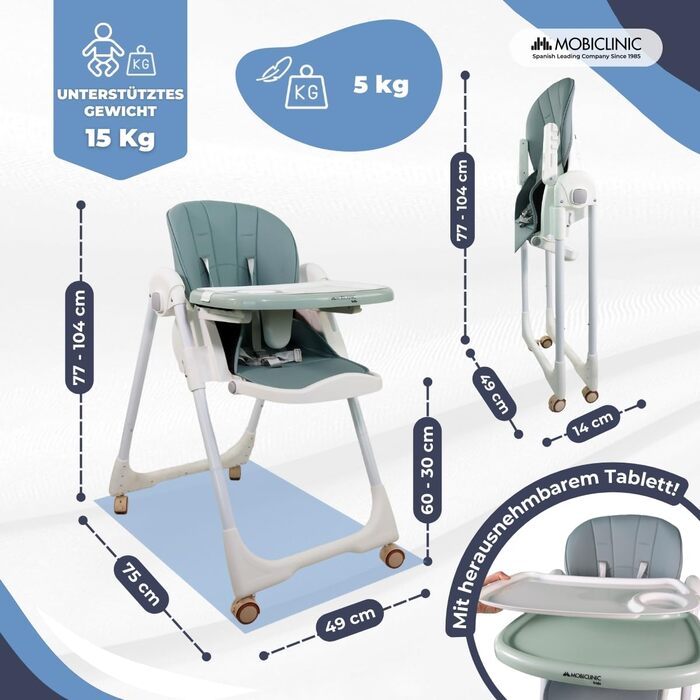 Дитячий стільчик Mobiclinic® Kids, Simba, з регульованою висотою, складаний, з підносом, зелений, для дітей