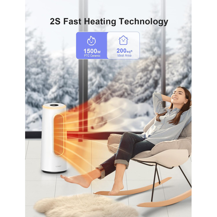 Керамічний обігрівач CLEVAST 1500W з терморегулятором та таймером, 83°C, осциляція, для спальні/офісу (Small)