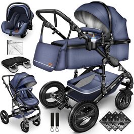 Дитяча коляска KIDUKU® 3 в 1 XXL Комплект | Комбінована коляска з люлькою, прогулянковим блоком та автокріслом | З підставкою для ніг, пеленальною сумкою, підстаканником, захистом від дощу, шинами з повним покриттям, відповідає стандарту ECE R129 (Синій / Чорний)