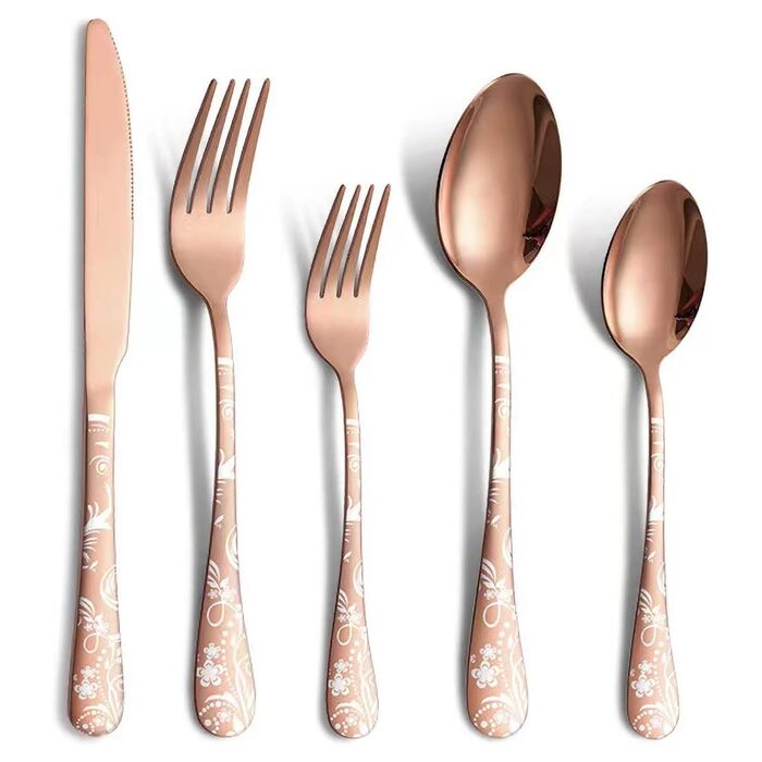 Набір столових приборів на 4 особи, 20 предметів: ножі, виделки, ложки, нержавіюча сталь, рожеве золото, для миття в посудомийній машині