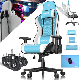Крісло ігрове KESSER® Ergonomisch, для офісу, з підголівником та поперековою подушкою, 150 кг, обертається на 360°, з регульованими підлокітниками, коліщата, блакитне/біле