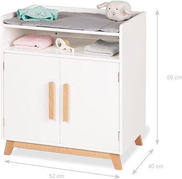 PINOLINO Столик для переодягання ляльок Marit, дерев'яні меблі для ляльок, скандинавський стиль, білий, з блискучим лаком, з пелюшкою, 2 дверцята, 1 полиця, для дітей від 2 років, 52x40x59 см