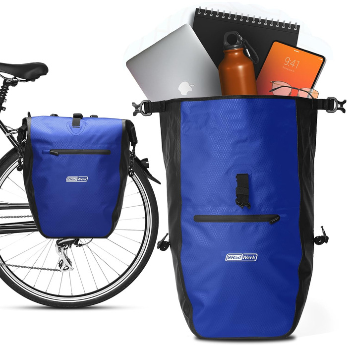 Для багажника 25,4 л, 100 водонепроникний, з ручкою для перенесення та плечовим ременем, багажна полиця для велосипедної сумки, сумка для багажу, задні сумки для велосипедів (сині), 2Radwerk Pannier