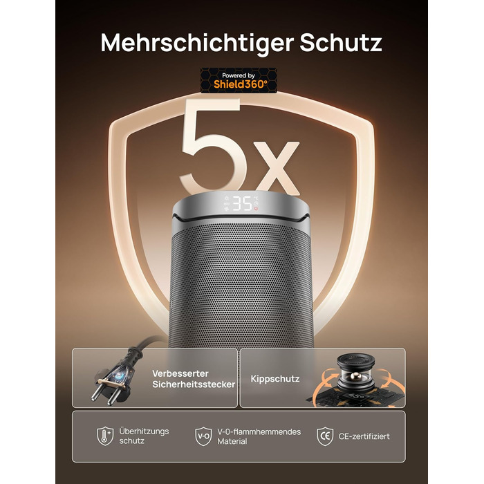 Електричний обігрівач DREO Keramikheizung 318,1500W з термостатом, захистом від перегріву та нахилу, таймером, дитячим замком, економією енергії 40%, тихий, срібний, для спальні, класичний дизайн