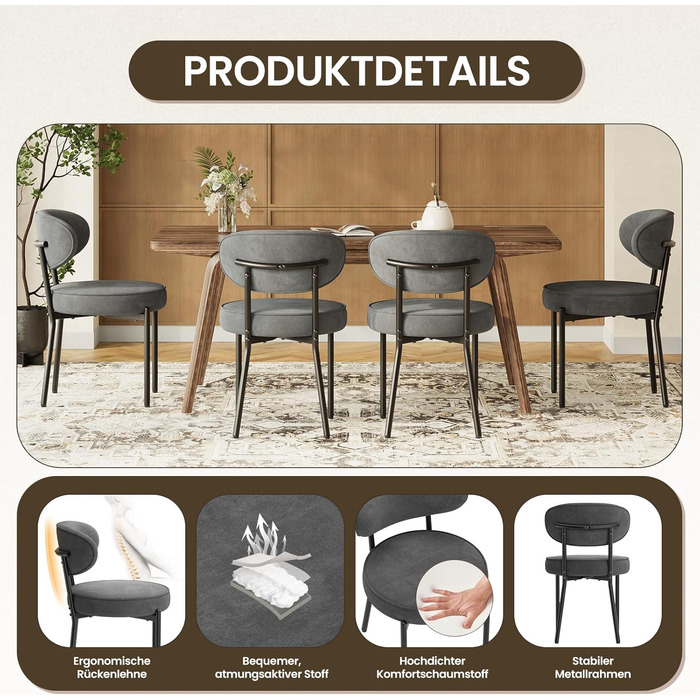 Обідні стільці COLAMY з м'яким сидінням 10 см – Сучасні стільці з плюшевої тканини Teddy, з міцним металевим каркасом – Для кухні та вітальні, Білий (Сірий, 2 шт.)