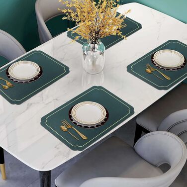 Набори підставки під тарілки Fanquare, 6 шт., зелені, прямокутні, з штучної шкіри, з золотим кантом. Стійкі до тепла, миючіся, неслизькі підставки для обіднього столу, весільної декоратації. Розмір: 45 * 30 см