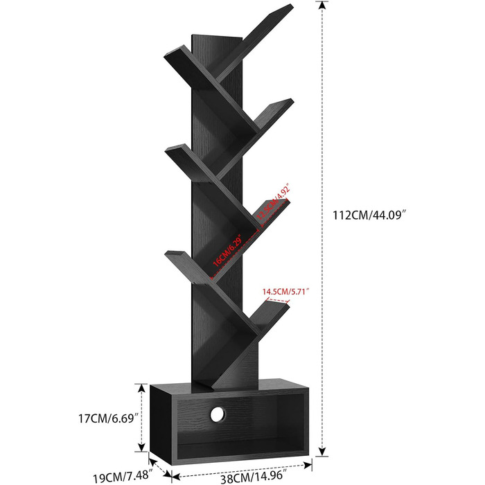 Книжкова шафа у формі дерева, 6 ярусів, стояча полиця для книг/фільмів/компакт-дисків, чорна, 112 см