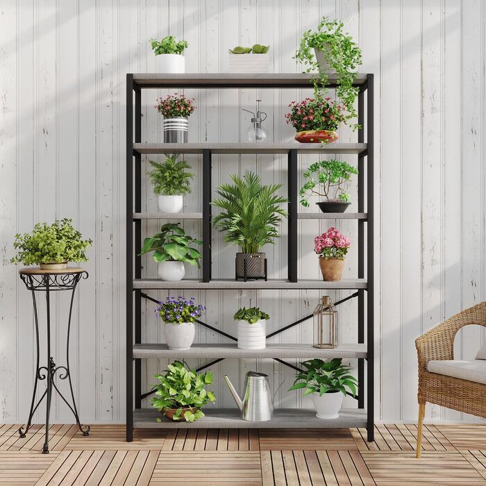 Стильна полиця-стеллаж LVB з 6 рівнями для вітальні, робочого кабінету, кухні, 180 см (світло-сіра ельха)