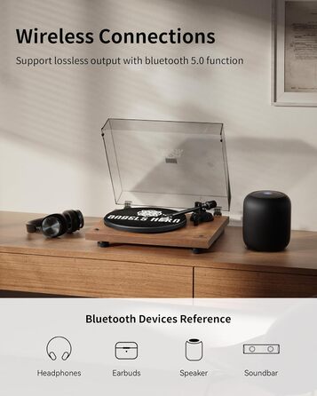 Вініловий програвач ANGELS HORN з Bluetooth, ремінним приводом, вбудованим передпідсилювачем, 2 швидкості 33/45 об/хв, дерев'яний корпус, голівка AT-3600L