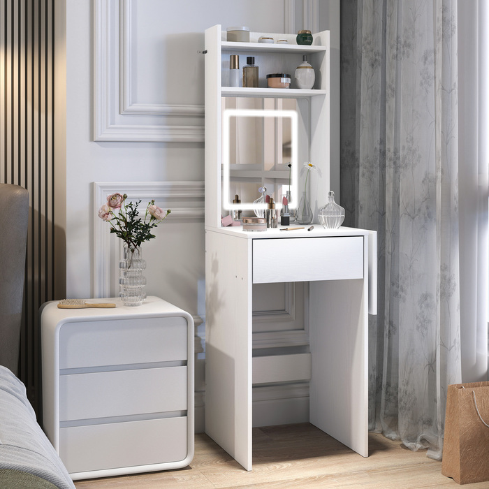 Компактний туалетний столик зі дзеркалом та LED-підсвіткою, відкидна стільниця, відкриті полиці, ящик для зберігання, виготовлений з МДФ, колір білий