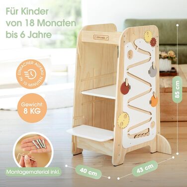 Дитячий навчальний столик-лесенка EXPLORER Kids® 5-в-1 | Монтессорі | Регульована висота, захист від перекидання | Розвиває моторику, вивчення чисел та форм | Дерев'яний, білий та салатовий | Від 1 року