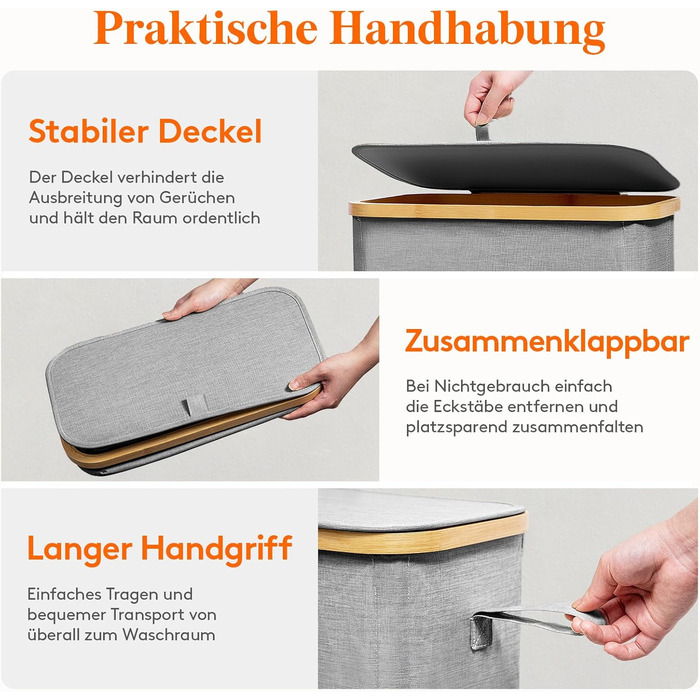 Кошик для білизни Lifewit з кришкою, вузький, складний, 75л, бамбук, сірий