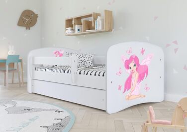 Дитяче ліжко Bjird Молодіжне ліжко 70x140 80x160 80x180 біле із захистом від випадання Матрац Шухляда та рейкова основа Дитячі ліжка для дівчаток та хлопчиків - Фея з метеликами 160 см