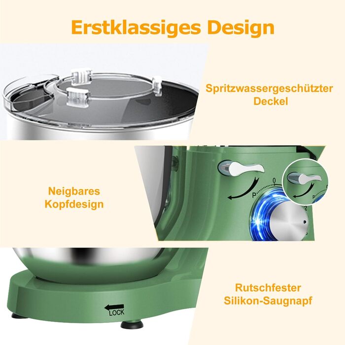 Кухонна машина AUMATE 1400W, 6.2 л, оливковий, з міксером та гаками для тіста