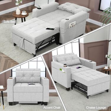 DURASPACE розкладне крісло-ліжко 3-в-1, 99 см, із USB, кишенею, підстаканником, для малих приміщень, зелений/світло-сірий