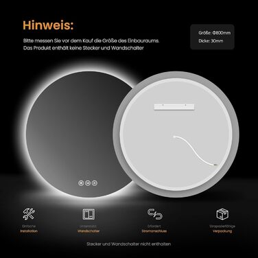 Дзеркало для ванної кімнати EMKE з підсвічуванням, діаметр 50 см, регульоване холодне біле світло, функція пам'яті, вимикач, IP44, енергозберігаюче, з підсвічуванням ззаду, дзеркало для ванної кімнати (3 кольори світла + проти запотівання, 80 x 80 см)