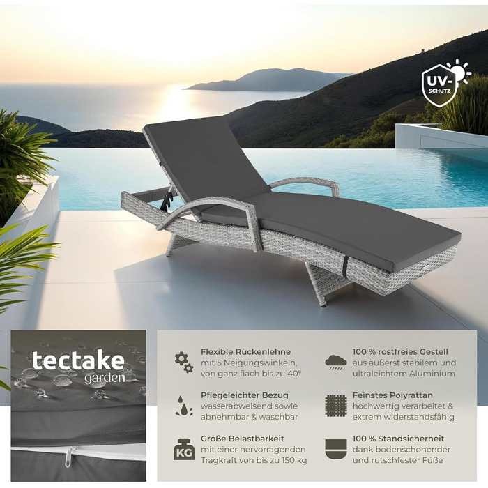 Шезлонг Tectake з поліротангу, регульована спинка, стійкий до погодних умов, з м'яким матрацом, для саду, балкону та тераси (світло-сірий)