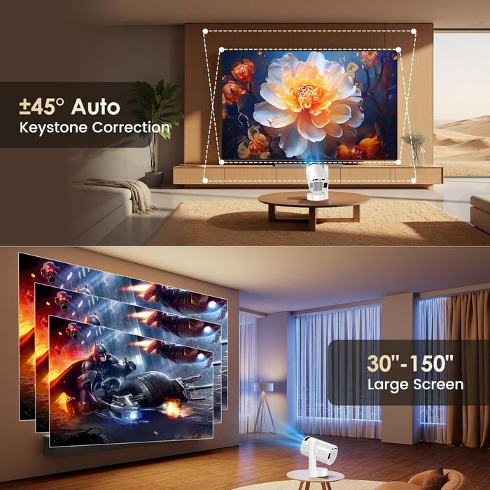 Портативний проєктор Mini Beamer 4K/1080p з Wi-Fi 6, Bluetooth 5.4, Android 13.0. Короткий фокус, поворот 270°, авто-корекція трапецеїдальних спотворень. Підтримка HDMI, TV Stick, Laptop, Memory Stick