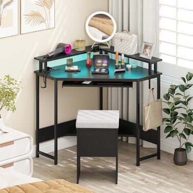 COSTWAY кутовий стіл з зарядкою, трикутник, LED-підсвітка, підставка для клавіатури та монітора, геймінговий, для дому/офісу (білий/чорний)