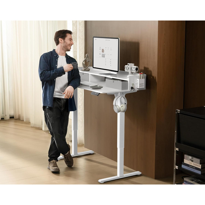 Електричний письмовий стіл WALKINGDESK з регулюванням висоти, 2 шухлядами, ергономічний сидячи-стоячи, для домашнього офісу, з полицею, гачком, DIY-панеллю, 122x61 см, білий