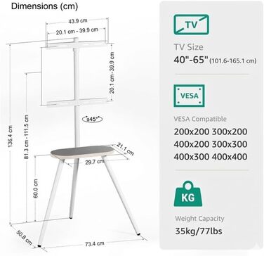 Настінна кріплення для телевізора 43-65 дюймів (LCD, LED, OLED) до 35 кг, регульована висота та поворотна, дерев'яна стійка з дерев'яним підносом, VESA 400x400 мм (білий глянц)